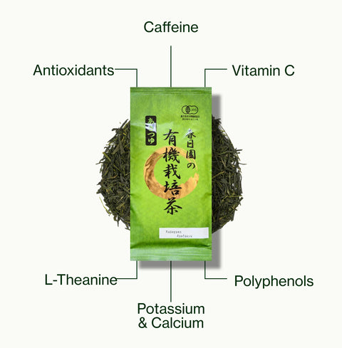 Nio Teas Sencha Kasugaen Asatsuyu pack of loose leaf tea, labelled with caffeine, antioxidants, polyphenols, vitamin C, L-theanine, and potassium and calcium