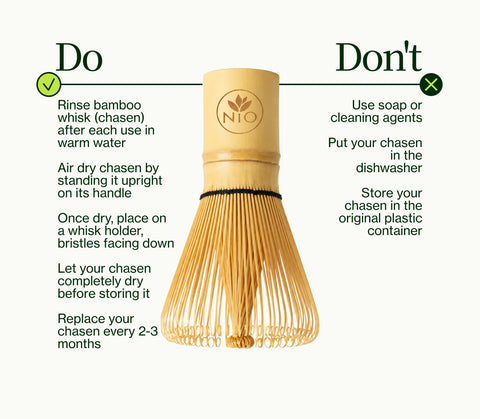 Instruction graphic for a bamboo whisk (chasen) showing usage and care tips. A single bamboo whisk is centered on a light off-white background, with text and icons indicating 'Do' actions on the left and 'Don't' actions on the right.