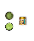 The image shows 2 views of matcha tea: a small bowl filled with matcha powder, a tin of matcha washimine from uji with matcha powder, and a steamed cup of matcha tea.